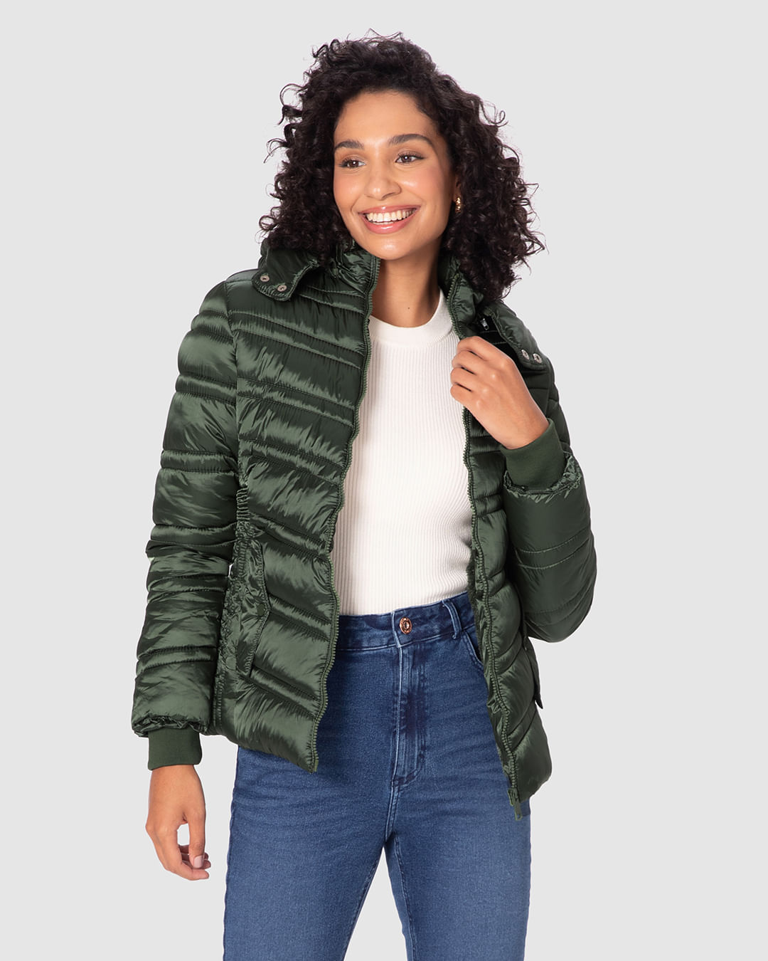 Jaqueta Puffer Feminina Capuz Removível Em Tafetá