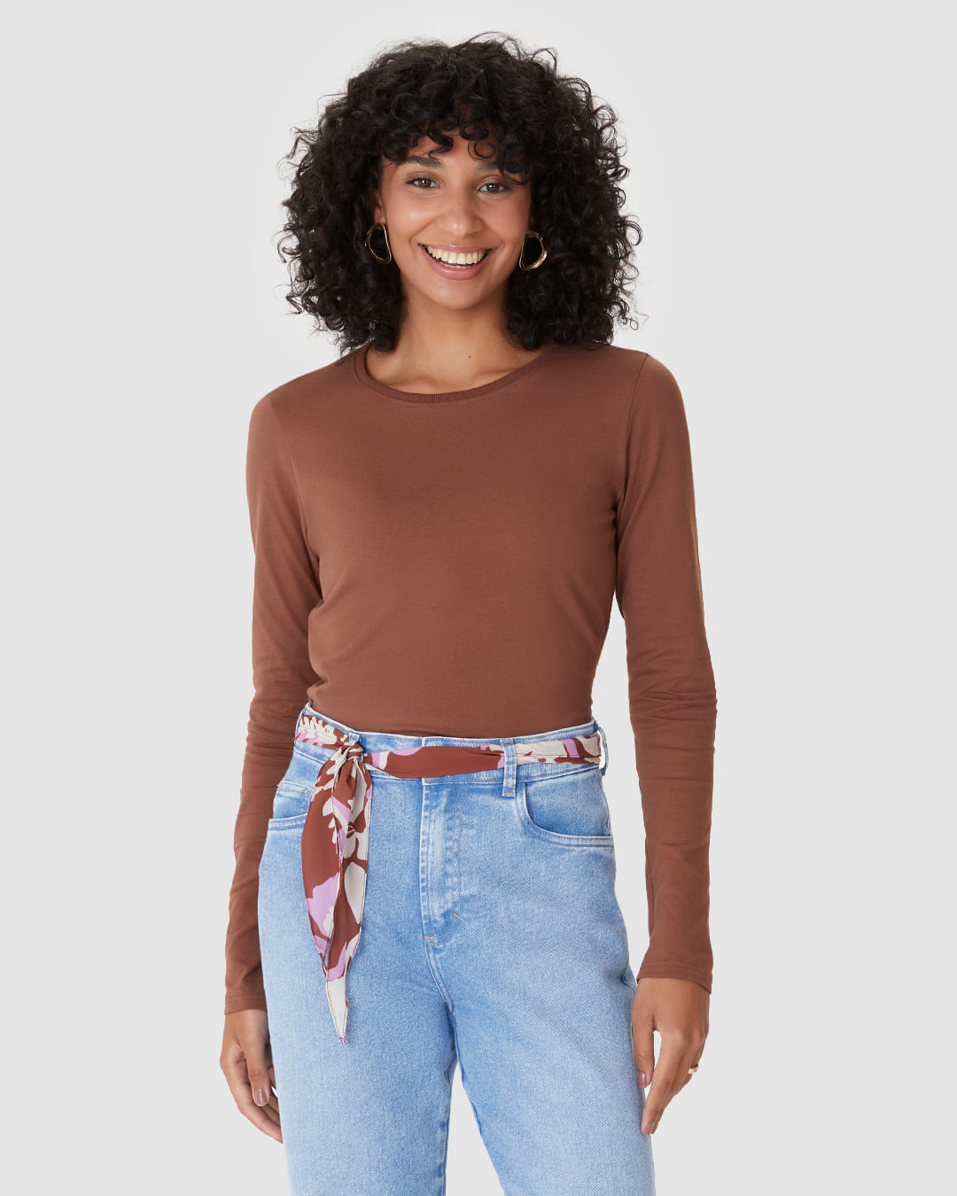 Blusa Básica Feminina Decote Redondo Manga Longa Em Algodão