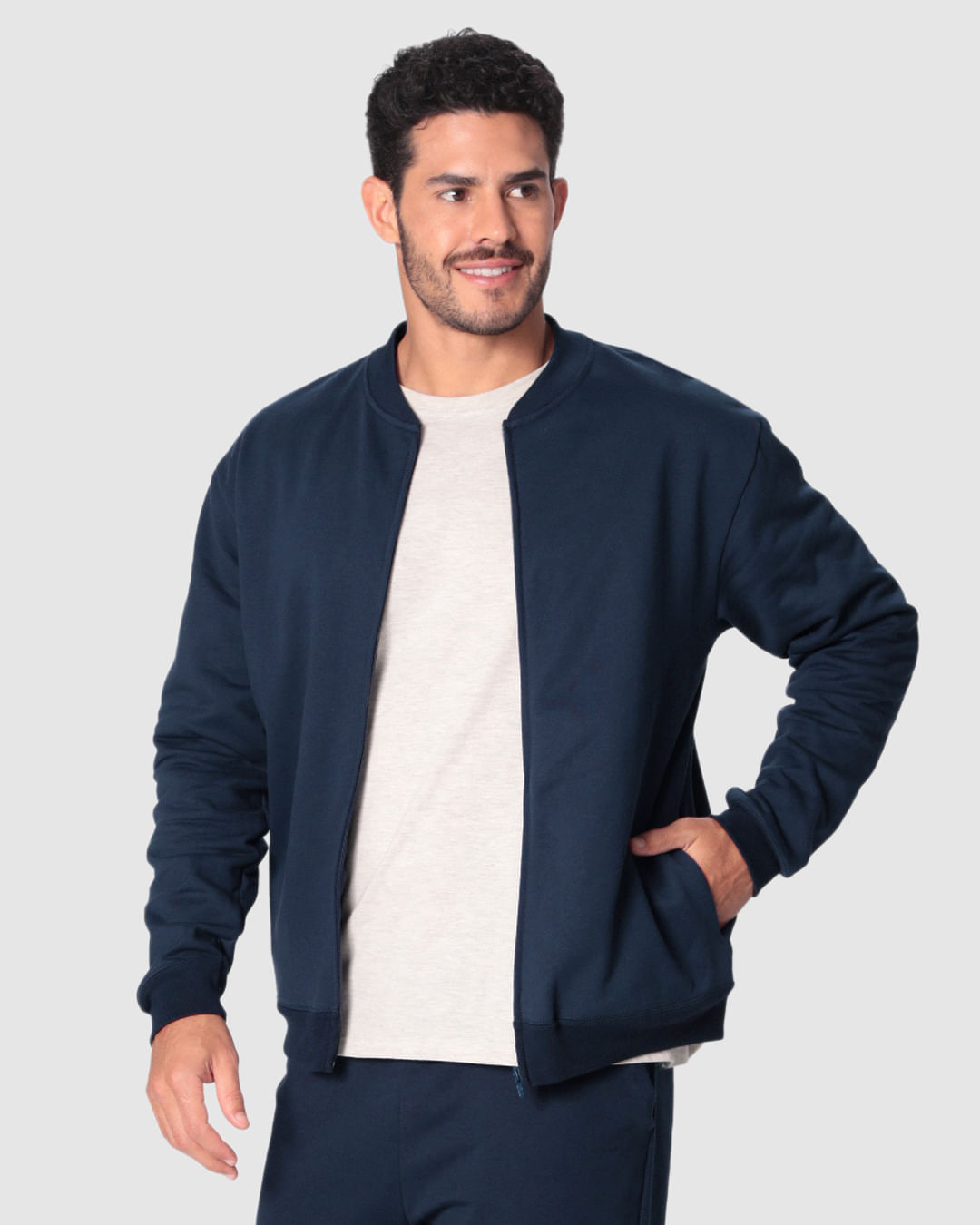 Jaqueta Básica Masculina Gola Redonda Em Moletom Flanelado