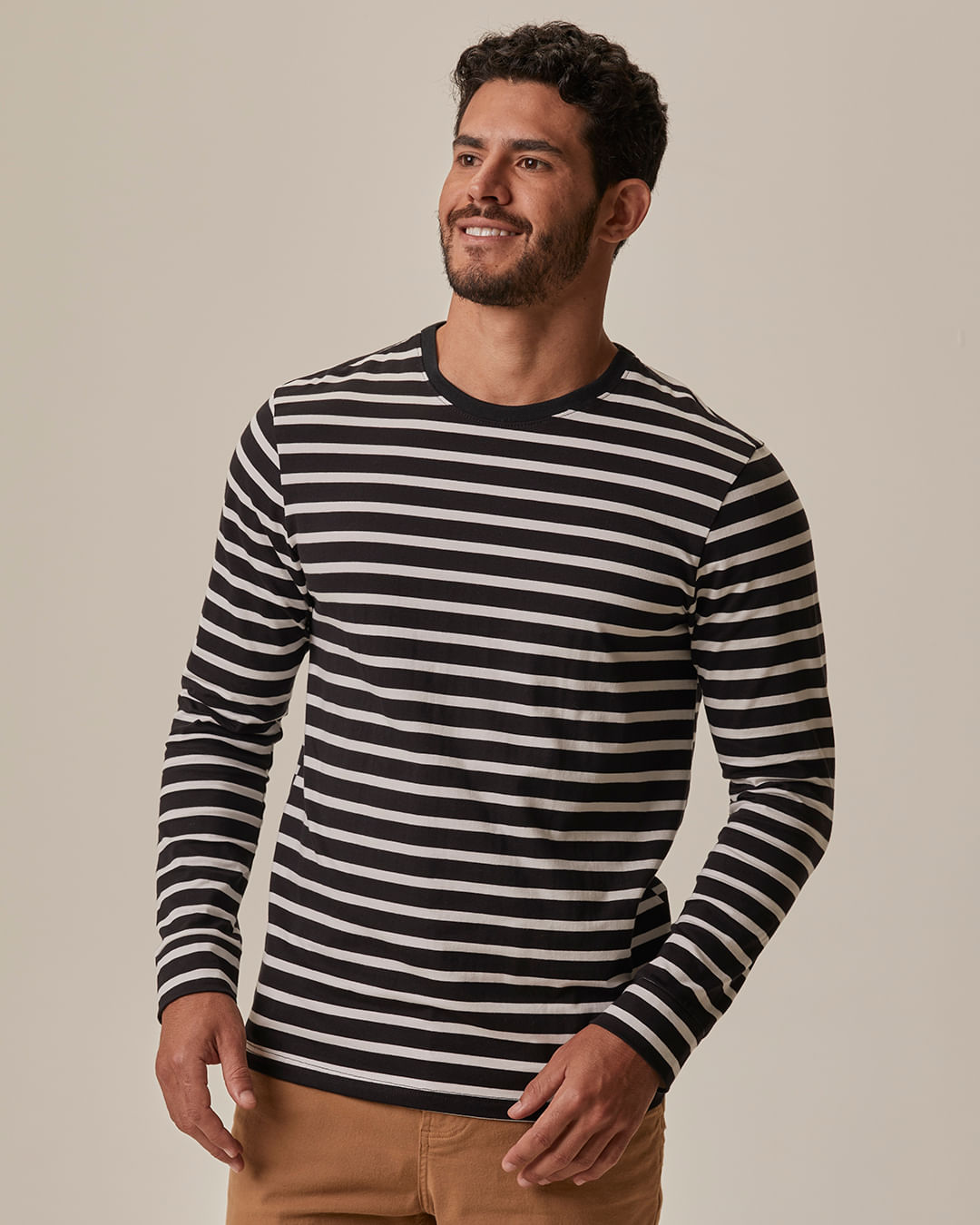 Camiseta Masculina Slim Listrada Manga Longa Em Algodão
