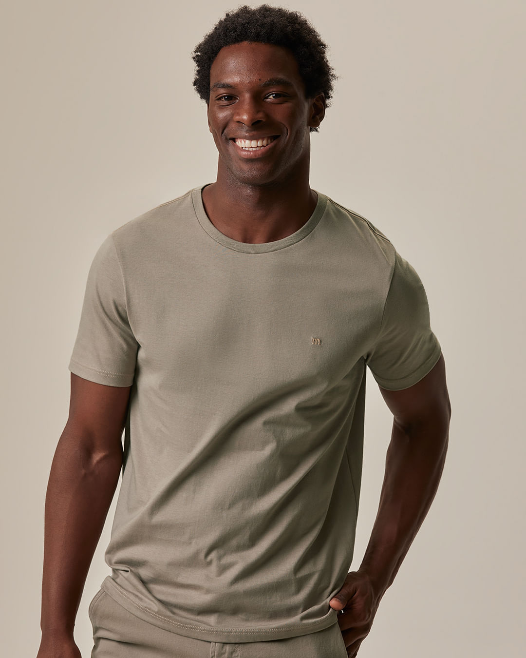 Camiseta Ícone Masculina Slim Bordado Frontal Em Algodão
