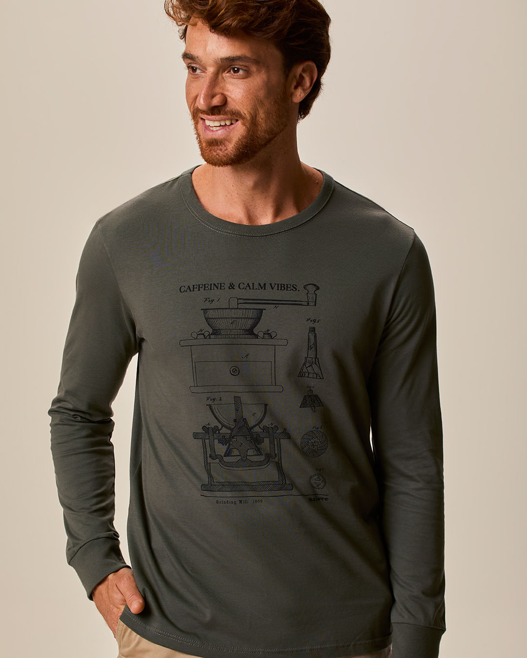 Camiseta Masculina Slim Manga Longa Estampa Frontal Em Algodão