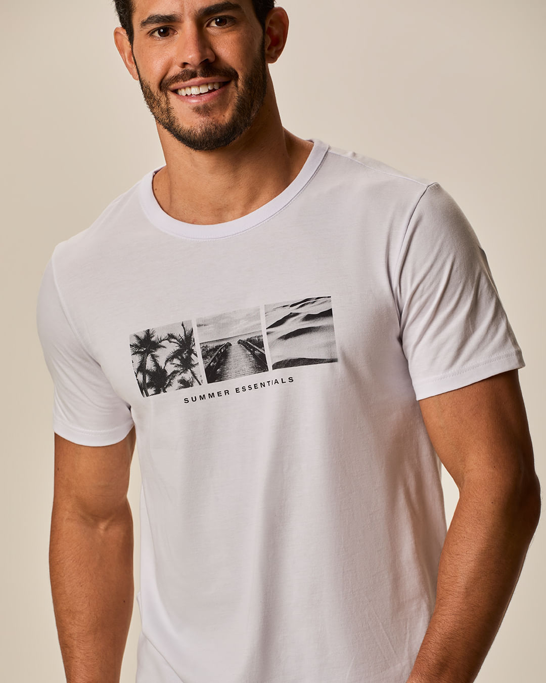 Camiseta Masculina Slim Gola Redonda Manga Curta Estampada Em Algodão