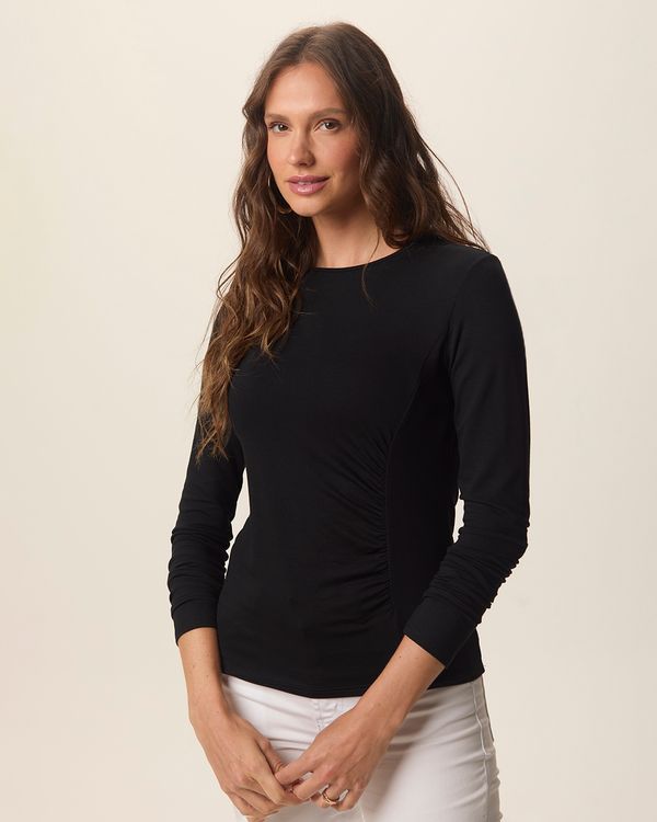 Blusa Feminina Manga Longa Franzido Frontal Em Moletinho De Viscose Preto - GG