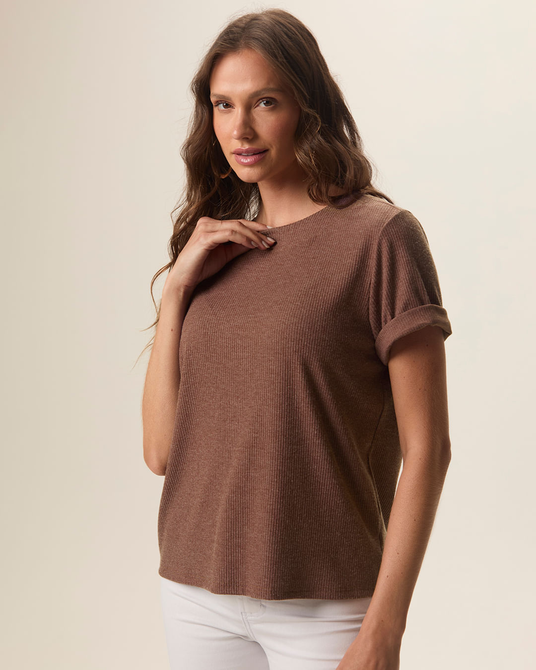 Blusa Ampla Feminina Manga Curta Em Malha Canelada Rajada