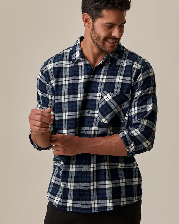 Camisa Masculina Manga Longa Estampa Xadrez Em Algodão Flanelado Azul - M