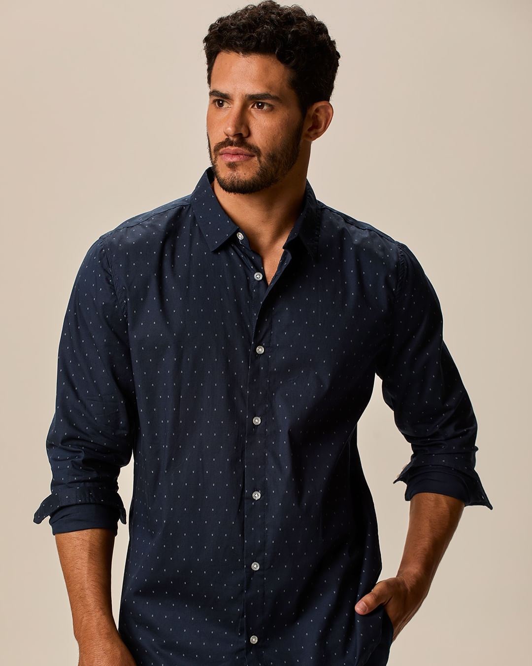 Camisa Masculina Slim Estampada Em Tricoline Stretch - Cinza - G