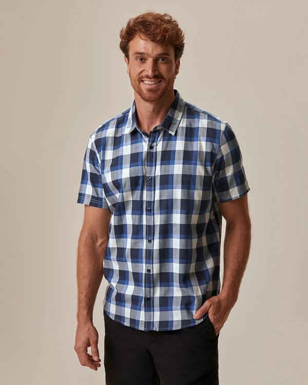 Camisa Masculina Xadrez Manga Curta Em Algodão Sarjado Azul - M
