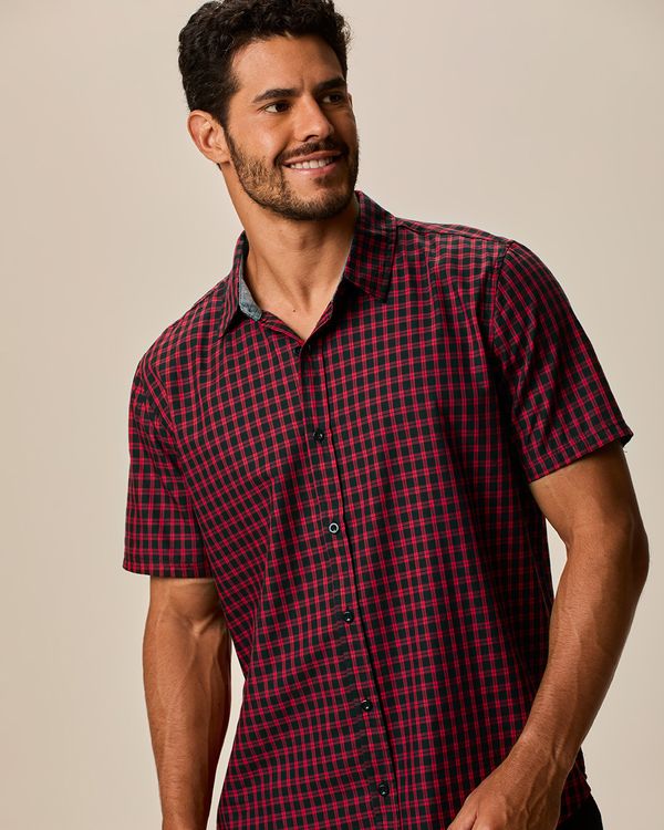 Camisa Masculina Xadrez Manga Curta Em Algodão Sarjado Preto - P