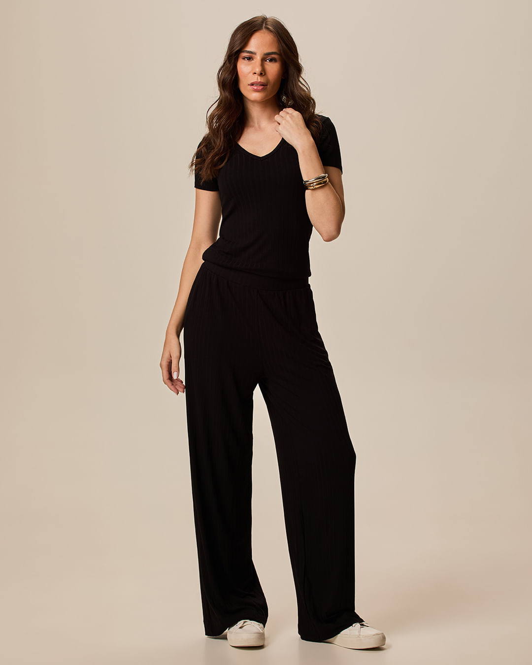 Calça Wide Leg Feminina Cintura Alta Em Malha Canelada De Viscose - Preto - G