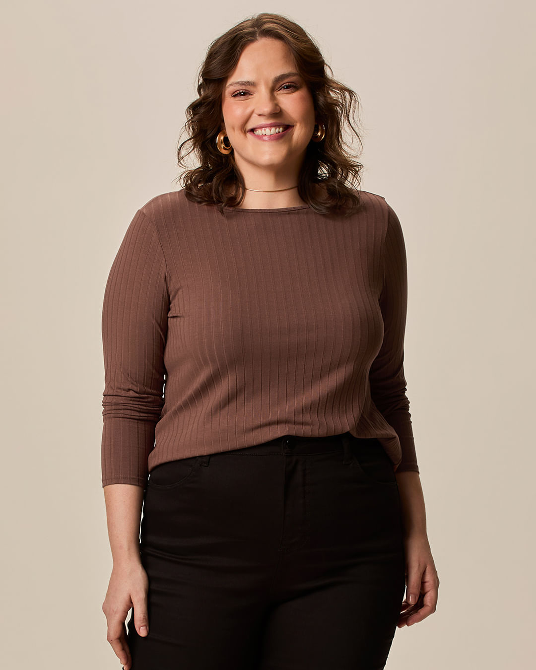 Blusa Básica Feminina Plus Size Manga Longa Em Canelado De Viscose