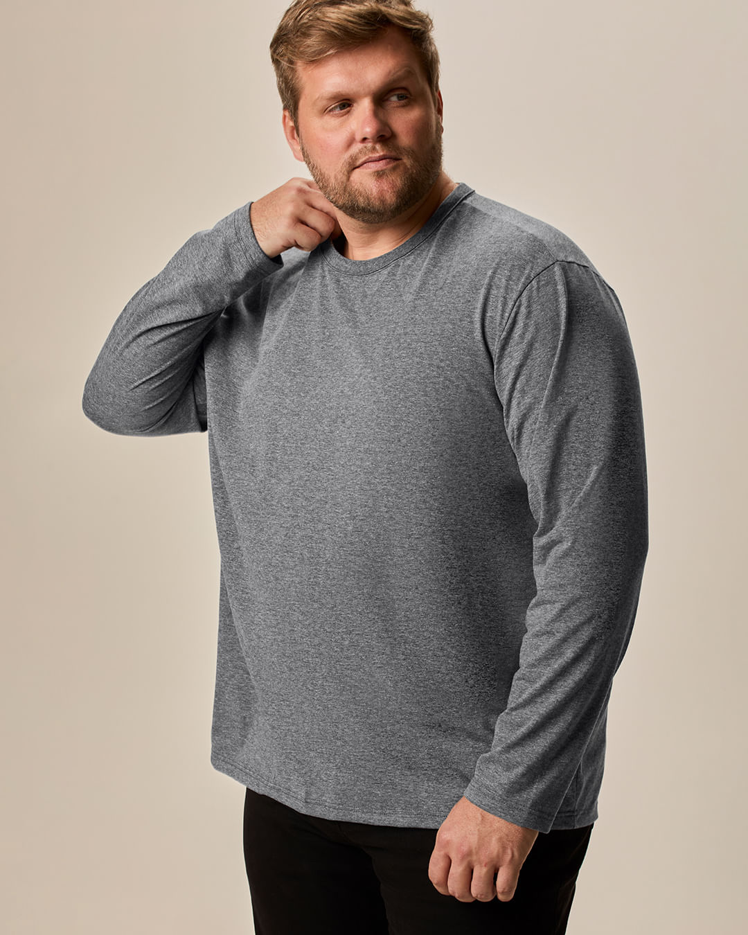 Camiseta Básica Masculina Plus Size Manga Longa Em Algodão