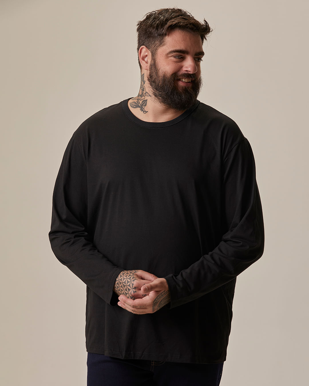 Camiseta Básica Masculina Plus Size Manga Longa Em Algodão