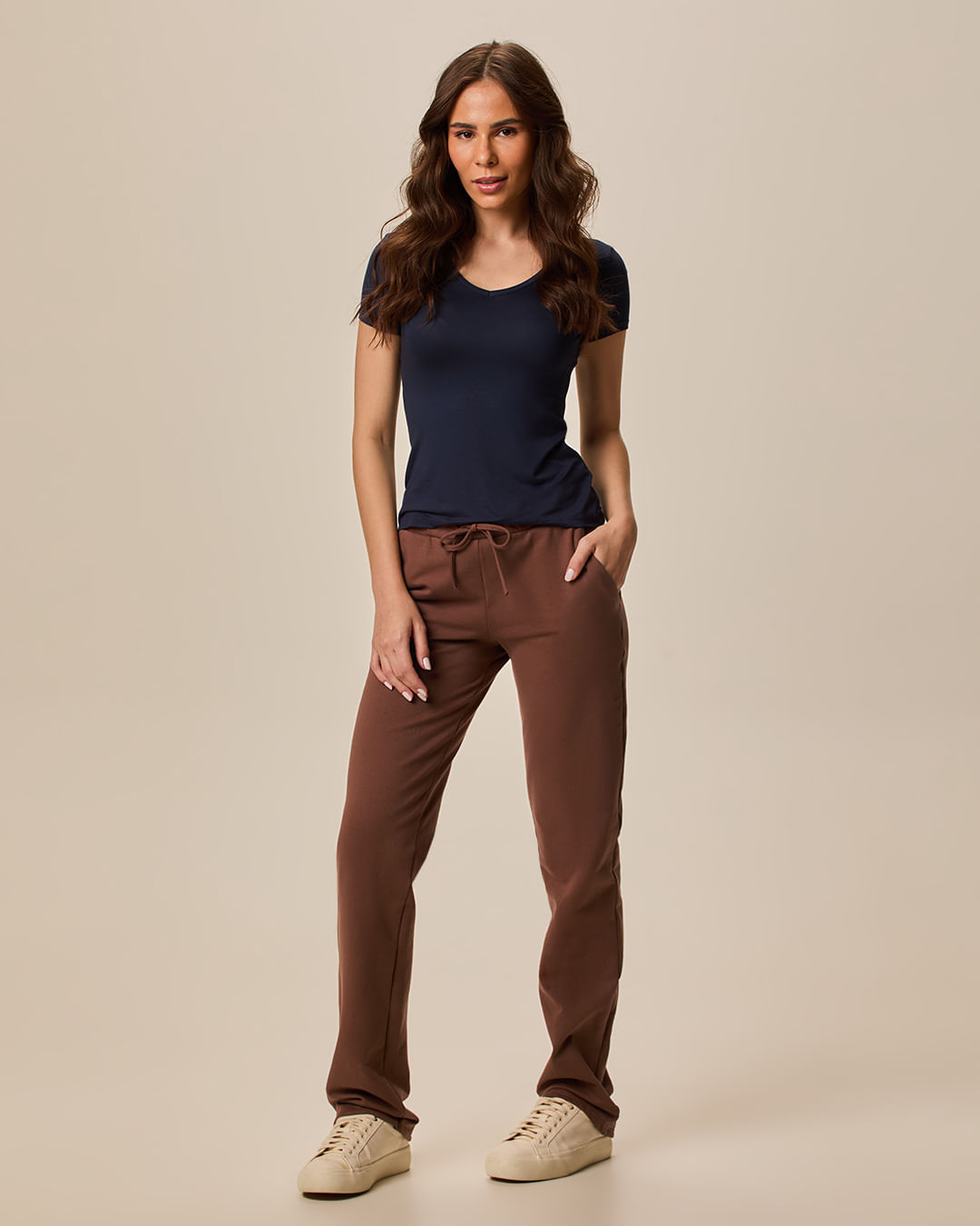 Calça Básica Feminina Reta Em Moletom Stretch Flanelado