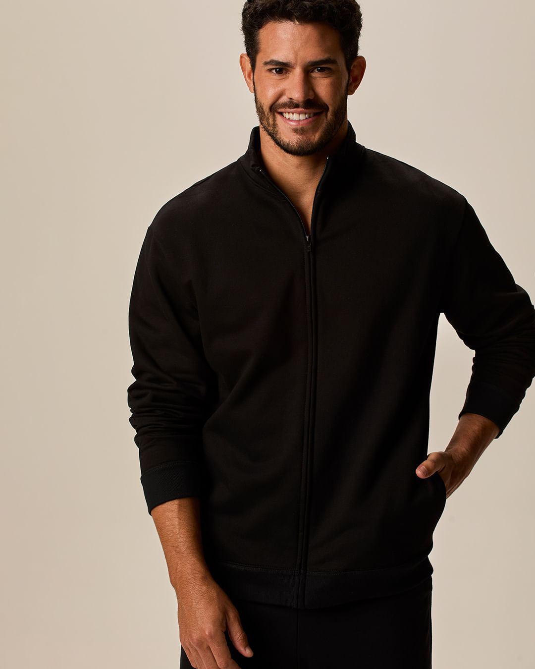 Jaqueta Básica Masculina Gola Alta Em Moletom Flanelado