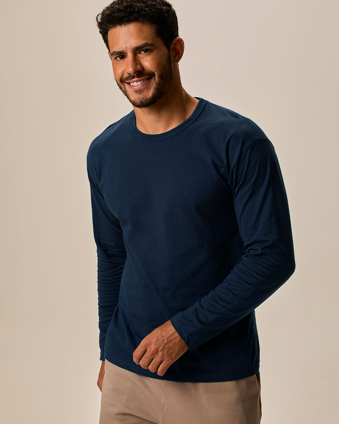 Camiseta Básica Masculina Manga Longa Em Algodão - Azul - PP