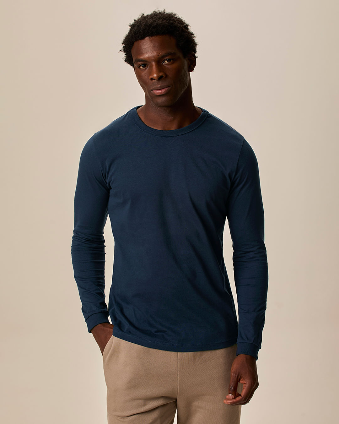 Camiseta Básica Masculina Punho Aplicado Em Algodão - Azul - M