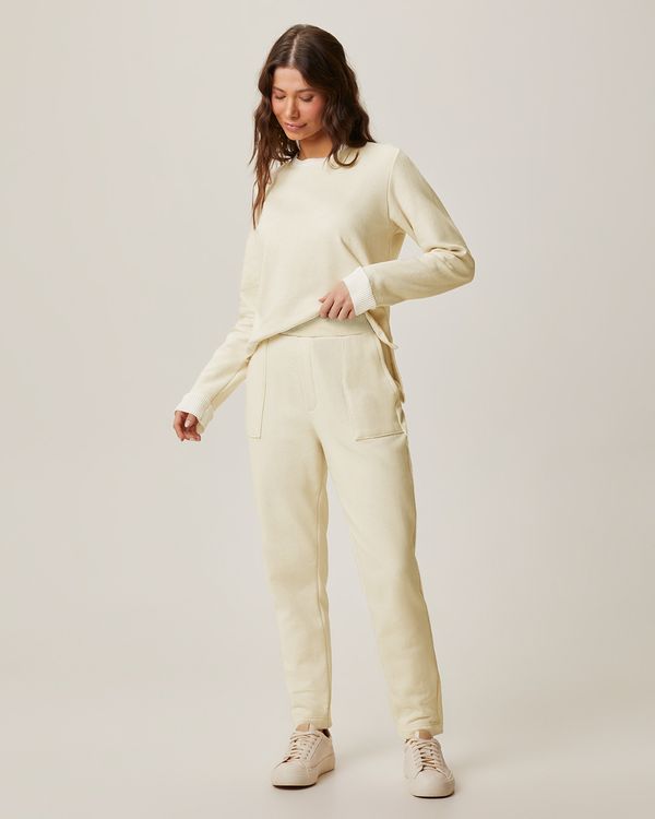 Calça Feminina Carrot Cós Elástico Bolso Funcional Em Moletom Linho Off White - M
