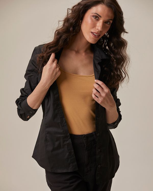 Camisa Básica Feminina Manga Longa Em Tricoline Preto - GG
