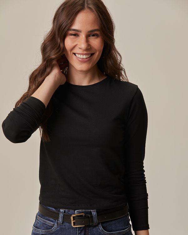 Blusa Cropped Feminina Decote Redondo Manga Longa Em Algodão Preto - M