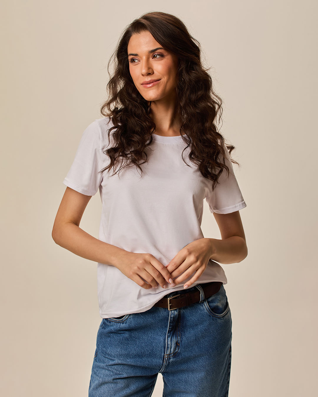 Blusa Básica Feminina Decote Redondo Com Pesponto Em Algodão