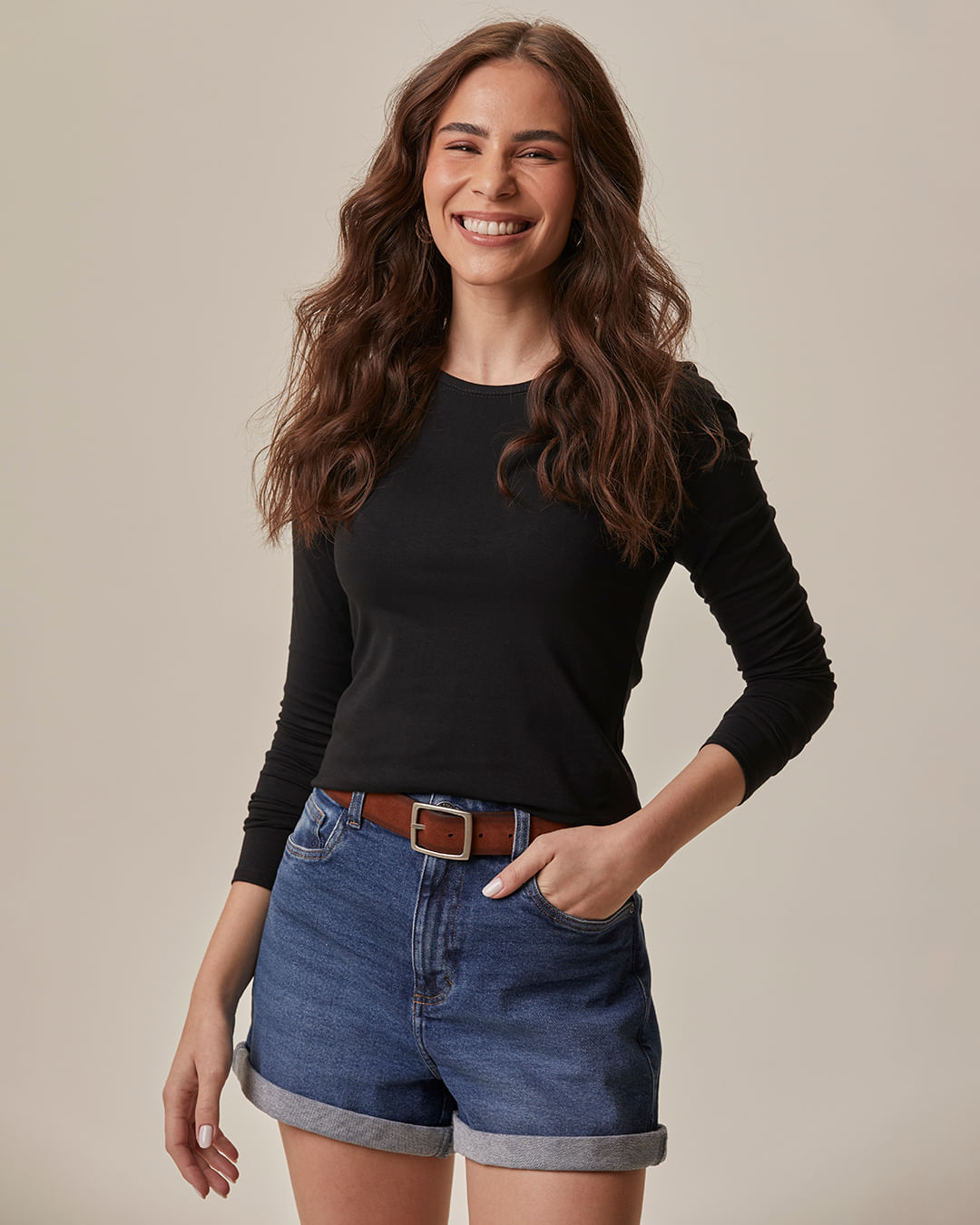 Blusa Básica Feminina Decote Redondo Em Algodão - Preto - GG