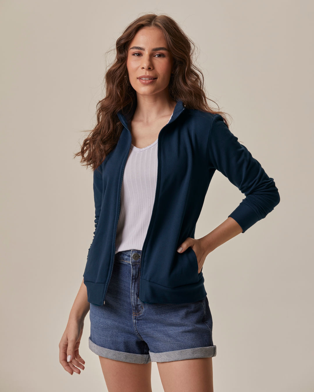 Jaqueta Básica Feminina Gola Alta Moletom Stretch Flanelado - Azul - P