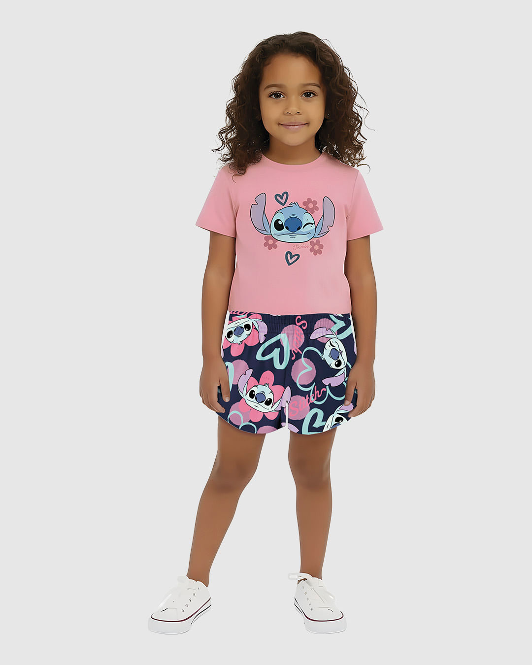 Conjunto Curto Infantil Menina Blusa E Shorts Estampado Stitch Malwee Kids