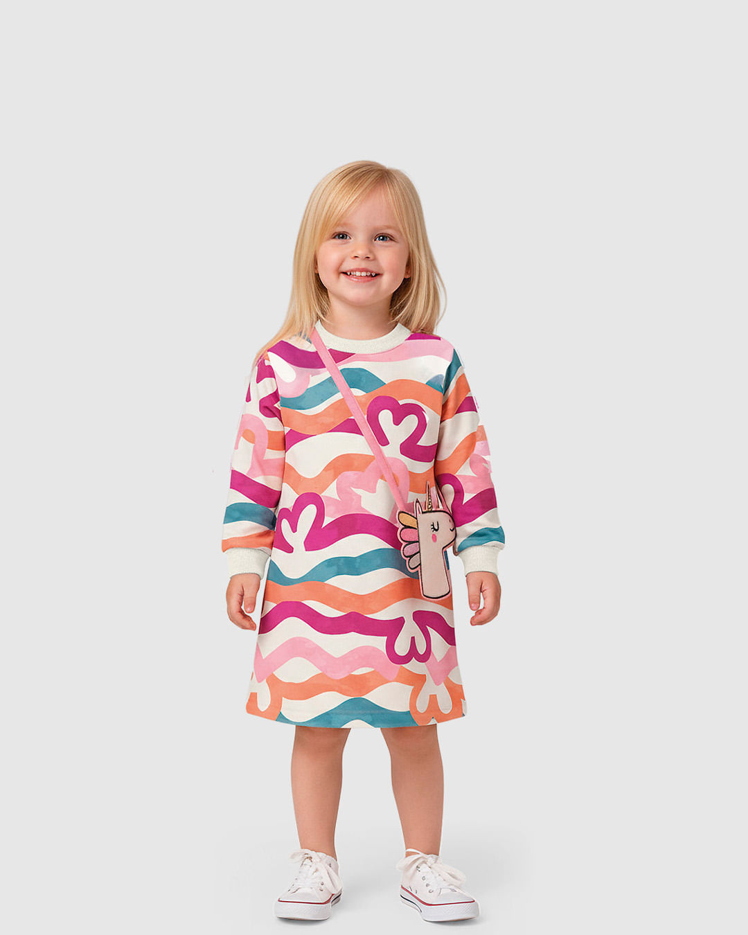 Vestido Infantil Estampado Manga Longa Acompanha Bolsa Em Moletinho Malwee Kids