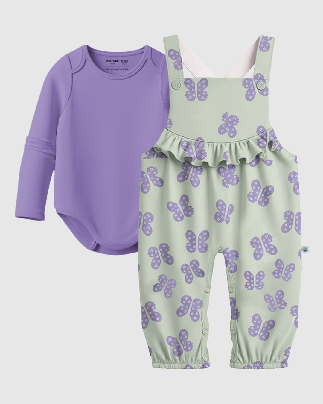 Conjunto Bebê Menina Body Manga Longa E Macacão Estampado Malwee Kids