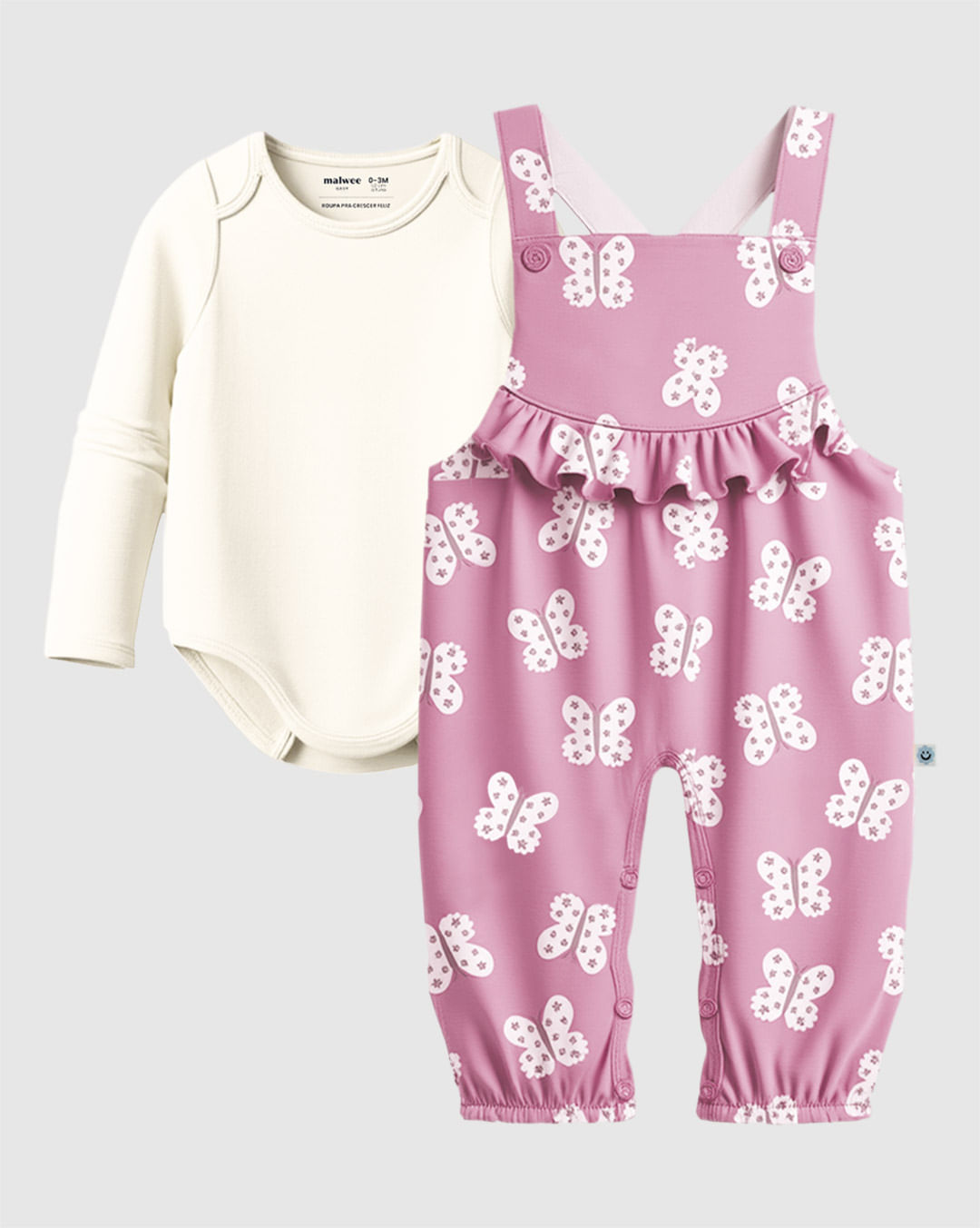 Conjunto Bebê Menina Body Manga Longa E Macacão Estampado Malwee Kids