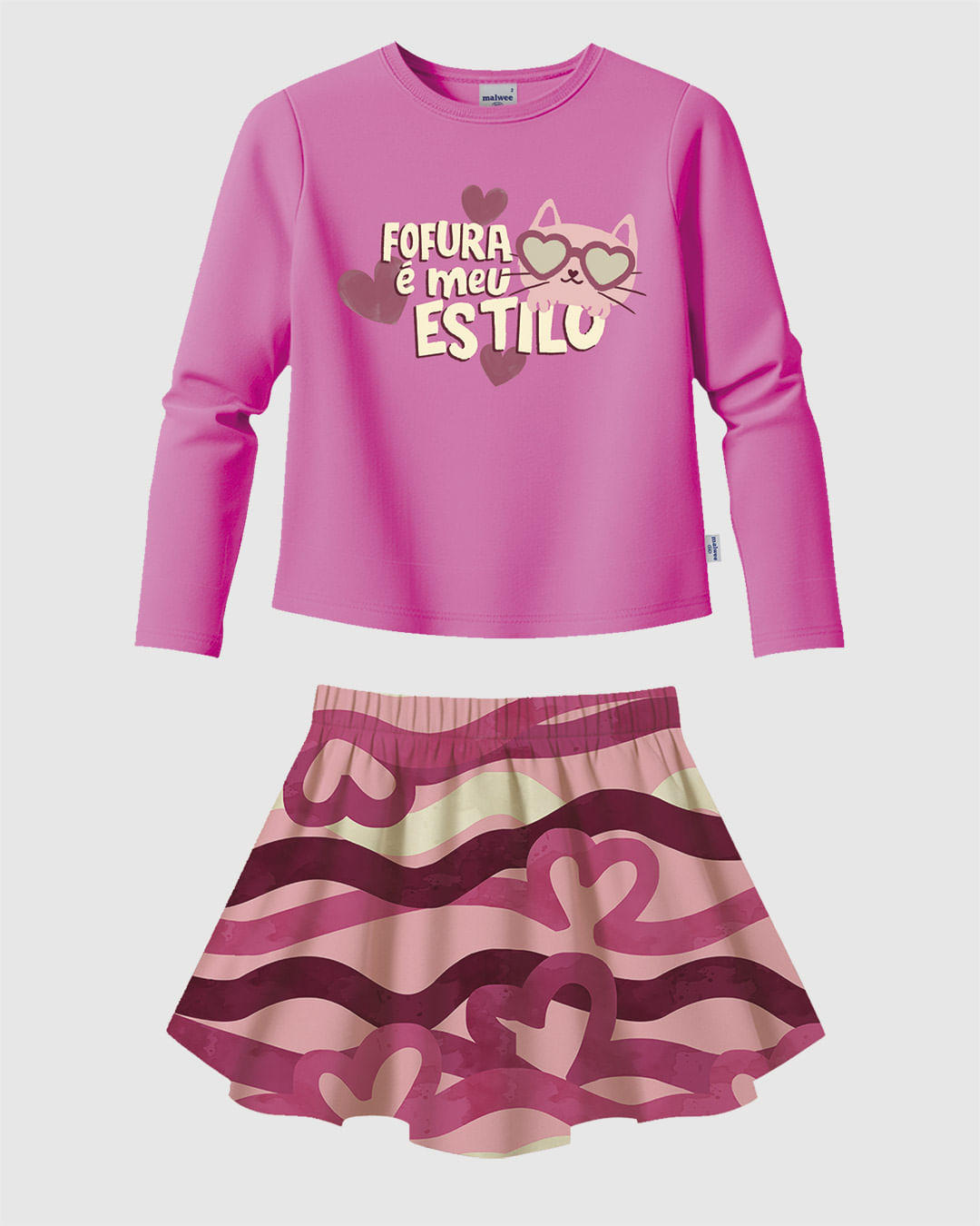 Conjunto Infantil Menina Blusa Manga Longa e Saia Estampada Malwee Kids