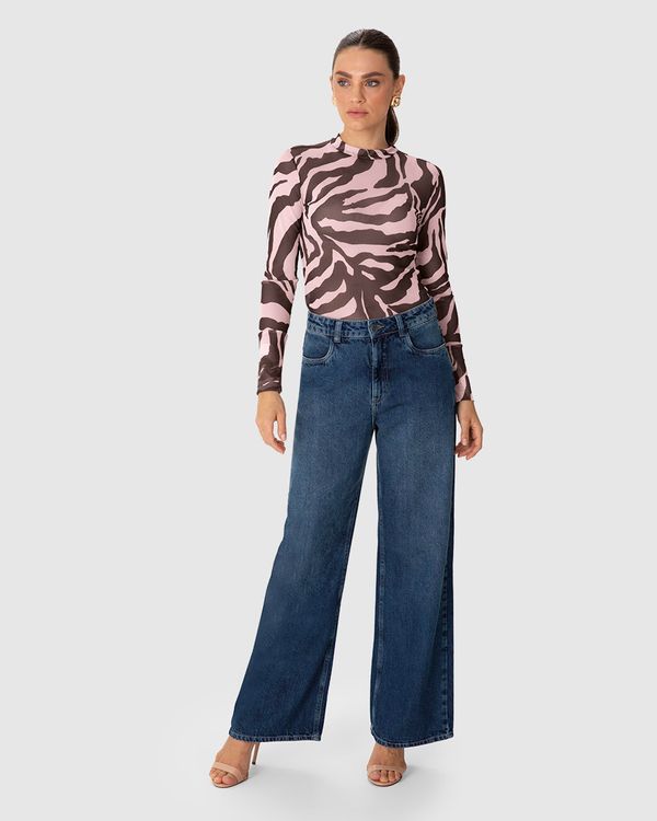 Blusa Justa Feminina Zebra Gola Alta Manga Longa Em Tule Stretch - ENFIM Rosa - PP