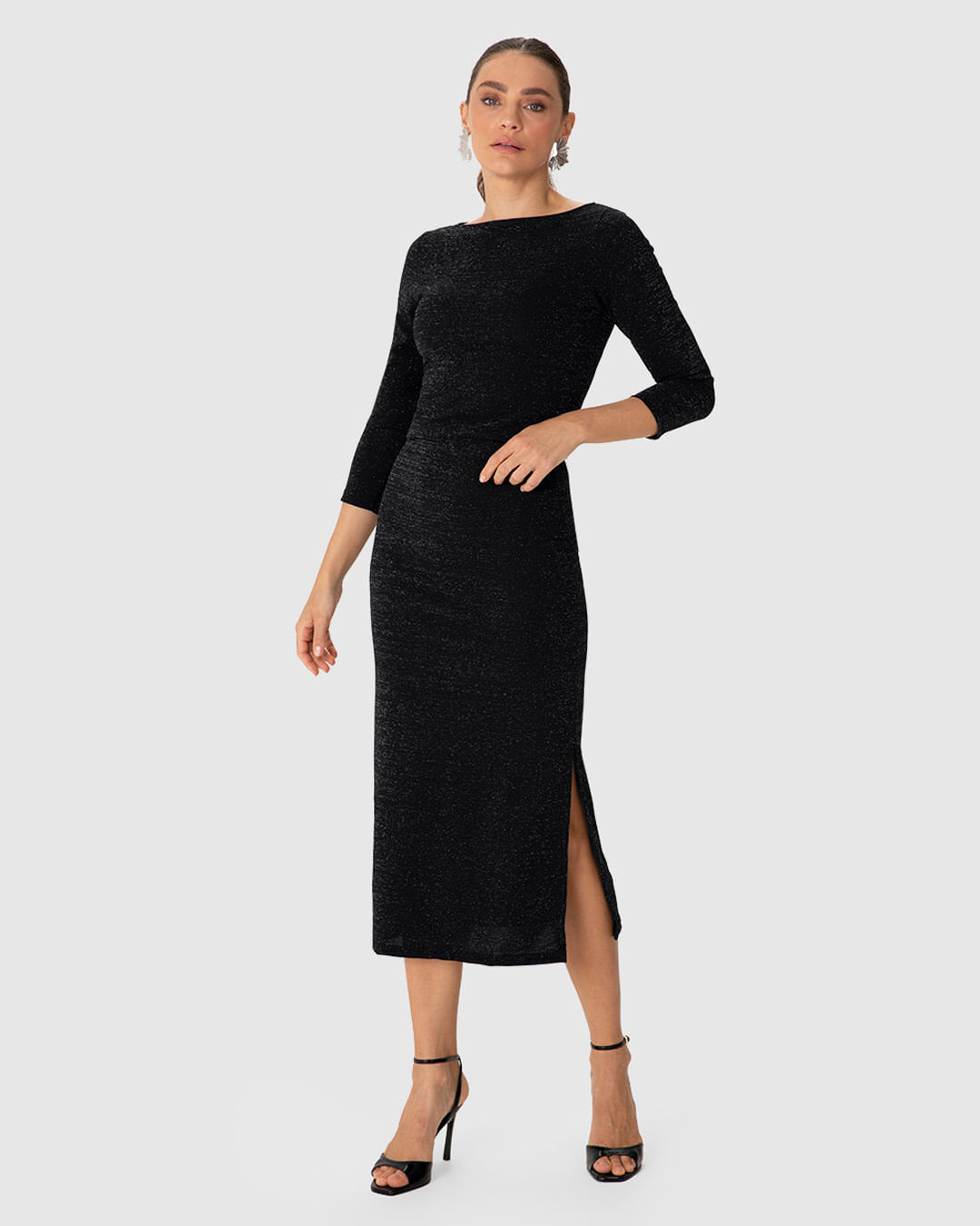 Saia Midi Feminina Reta Fenda Lateral em Malha Crepe Lurex - ENFIM
