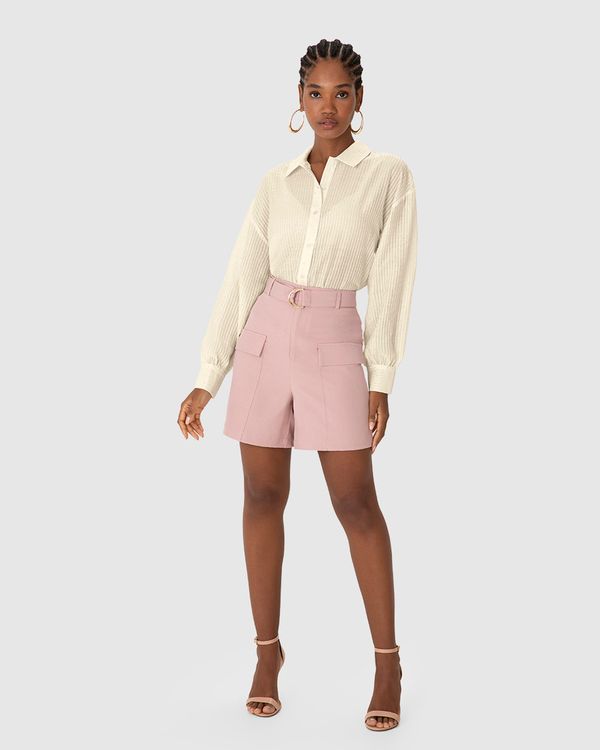 Camisa Ampla Feminina Aplique Strass Em Tecido Listrado Brilho - ENFIM Off White - P