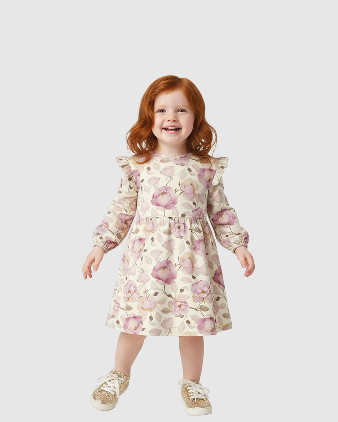 Vestido Menina Floral Rosas Babado Franzido Ombro Em Algodão - Carinhoso