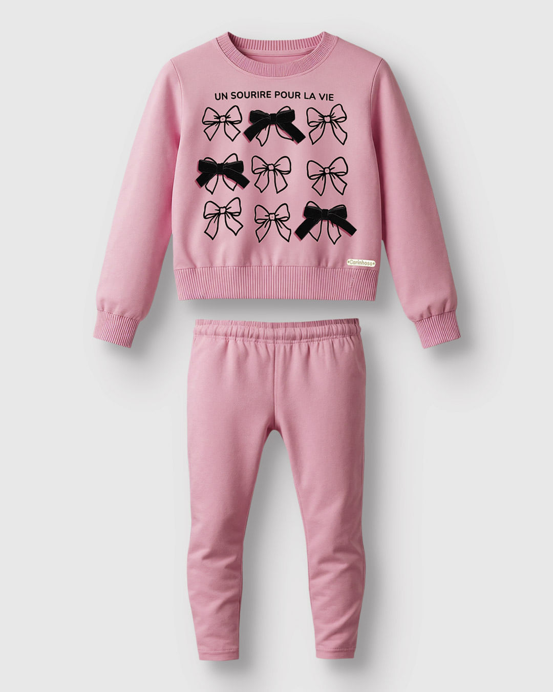 Conjunto Menina Estampa Aveludada Aplique Laços Moletom Flanelado - Carinhoso