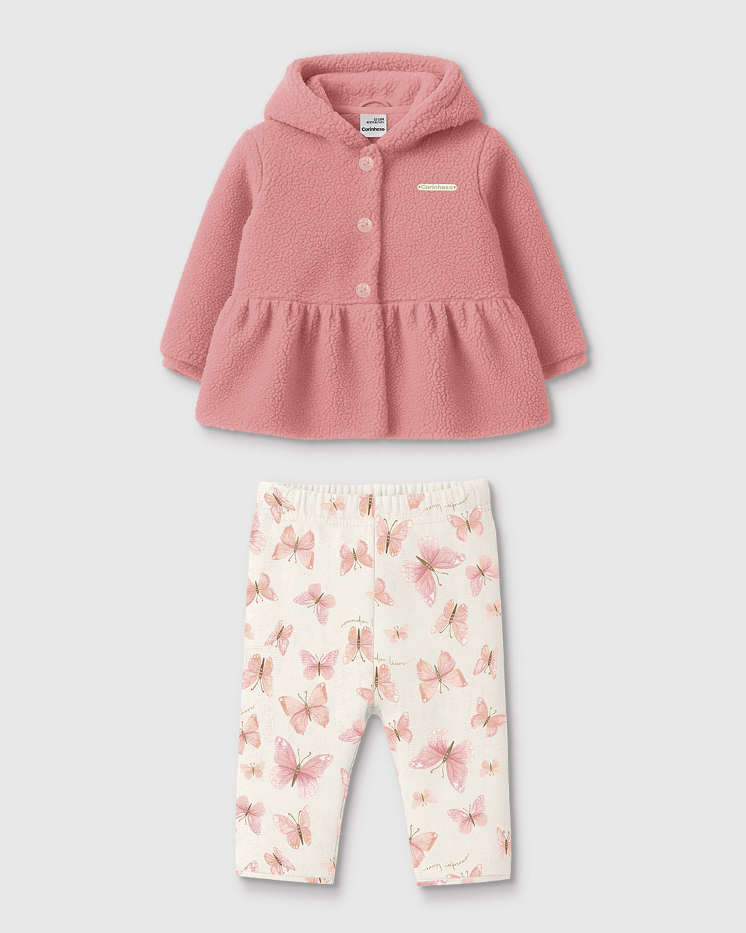 Conjunto Bebê Menina Casaco Pelúcia Lurex E Calça Estampada - Carinhoso