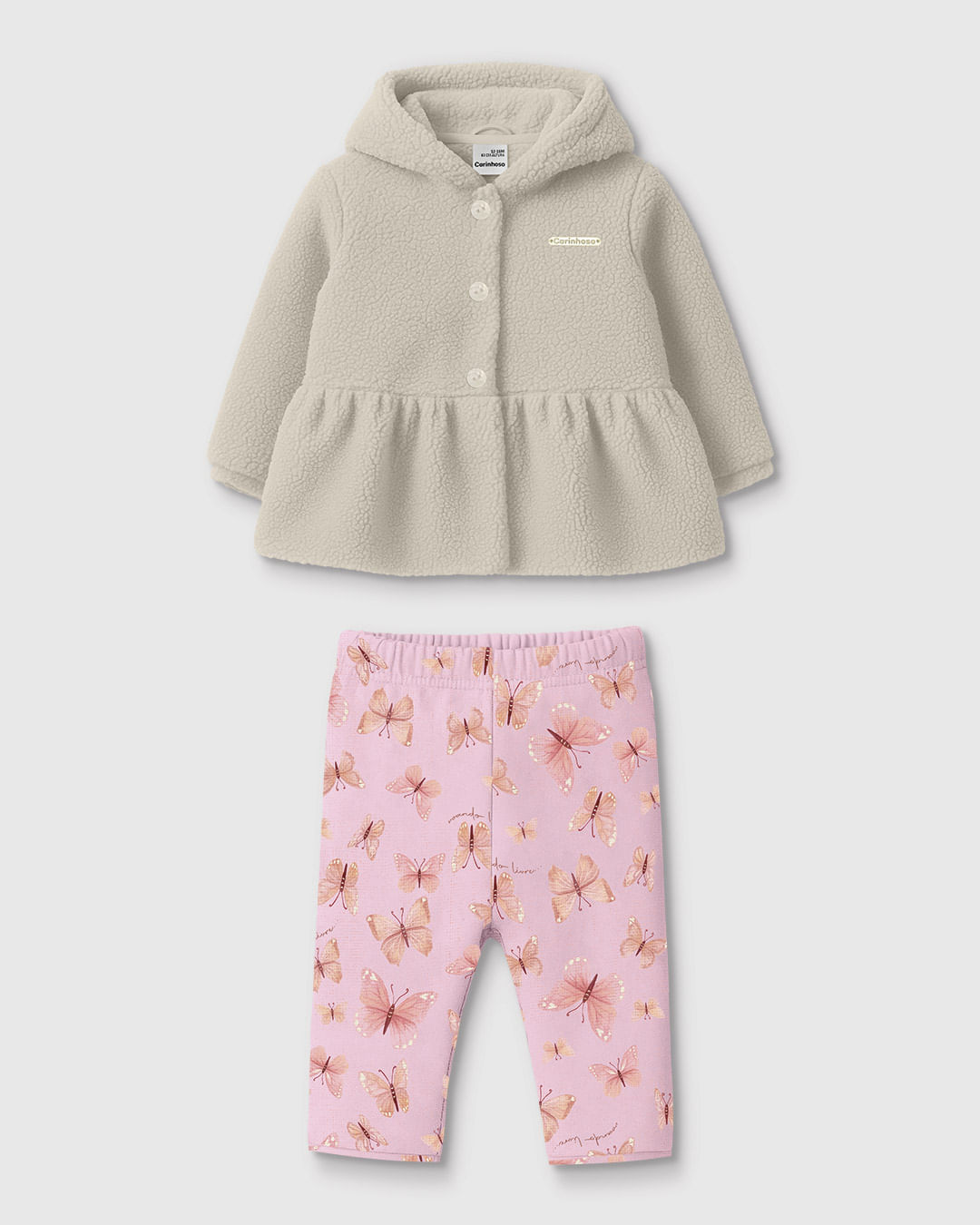 Conjunto Bebê Menina Casaco Pelúcia Lurex e Calça Estampada - Carinhoso