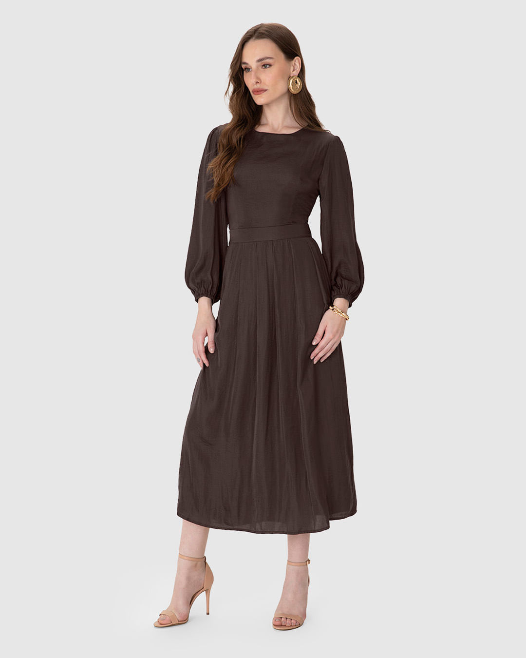 Vestido Midi Feminino Evasê Amarração Costas Em Tecido Acetinado - ENFIM