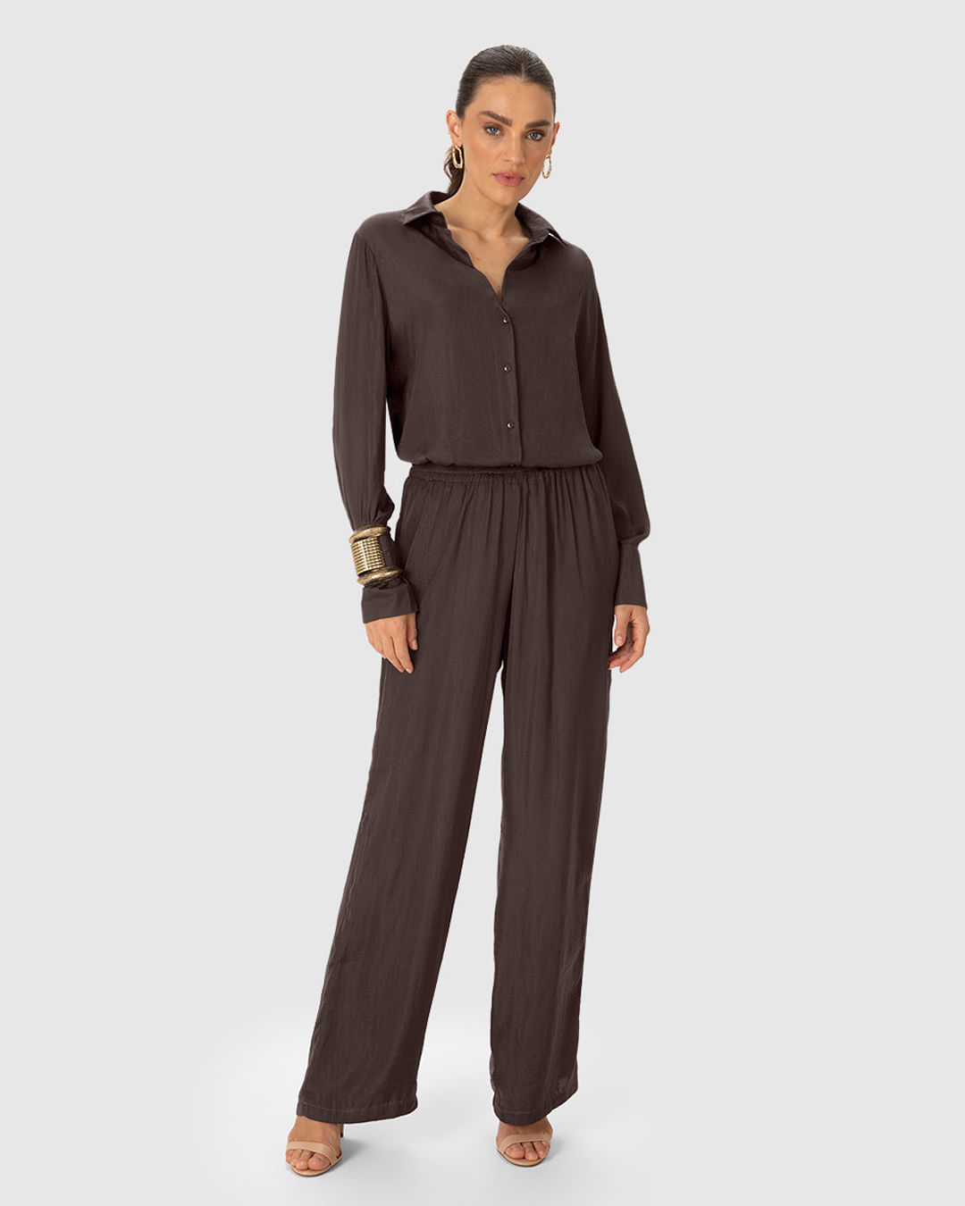 Calça Wide Leg Feminina Bolso Funcional em Tecido Acetinado - ENFIM