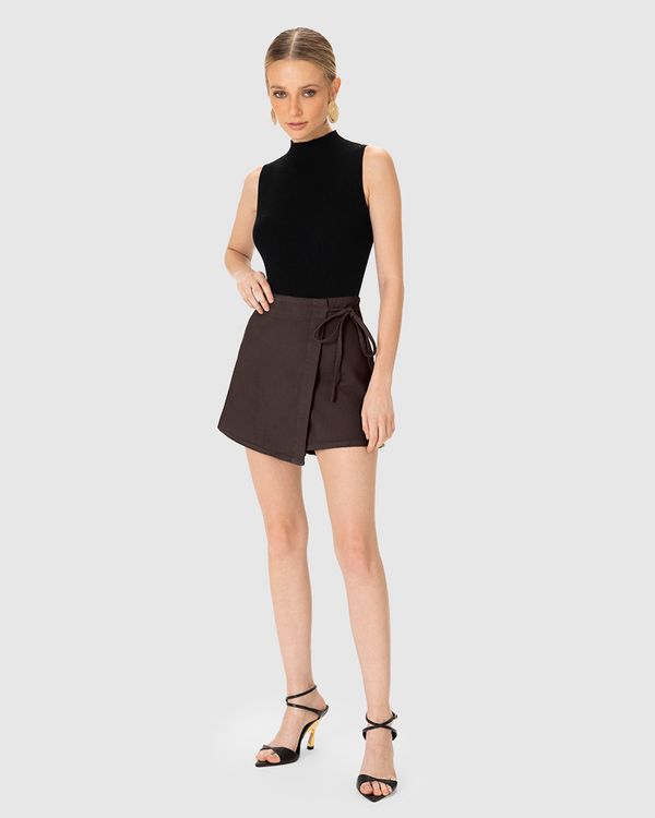 Shorts Saia Feminino Detalhe Amarração Em Sarja 100% Algodão - ENFIM Marrom - 44