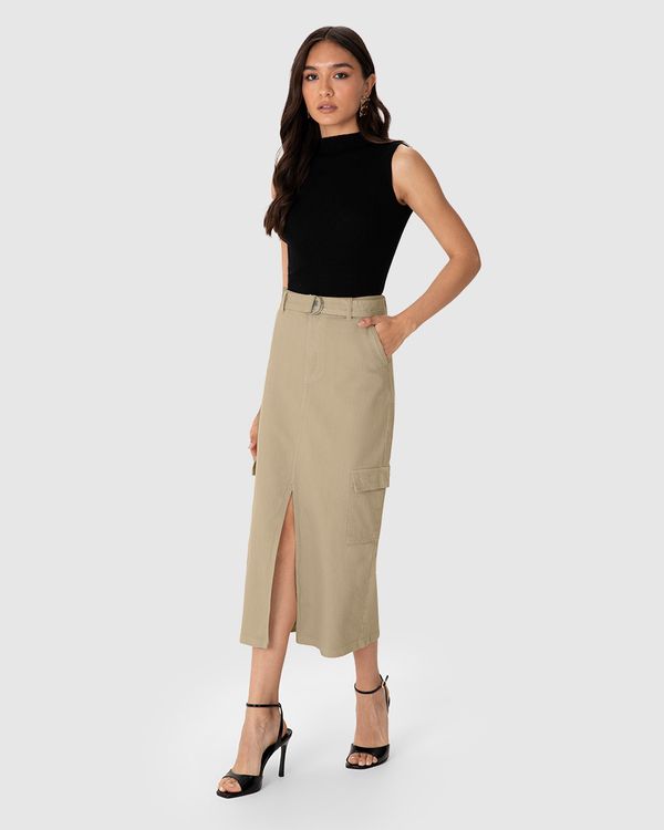 Saia Midi Feminina Cargo Cintura Média Em Sarja Stretch - ENFIM Bege - 36
