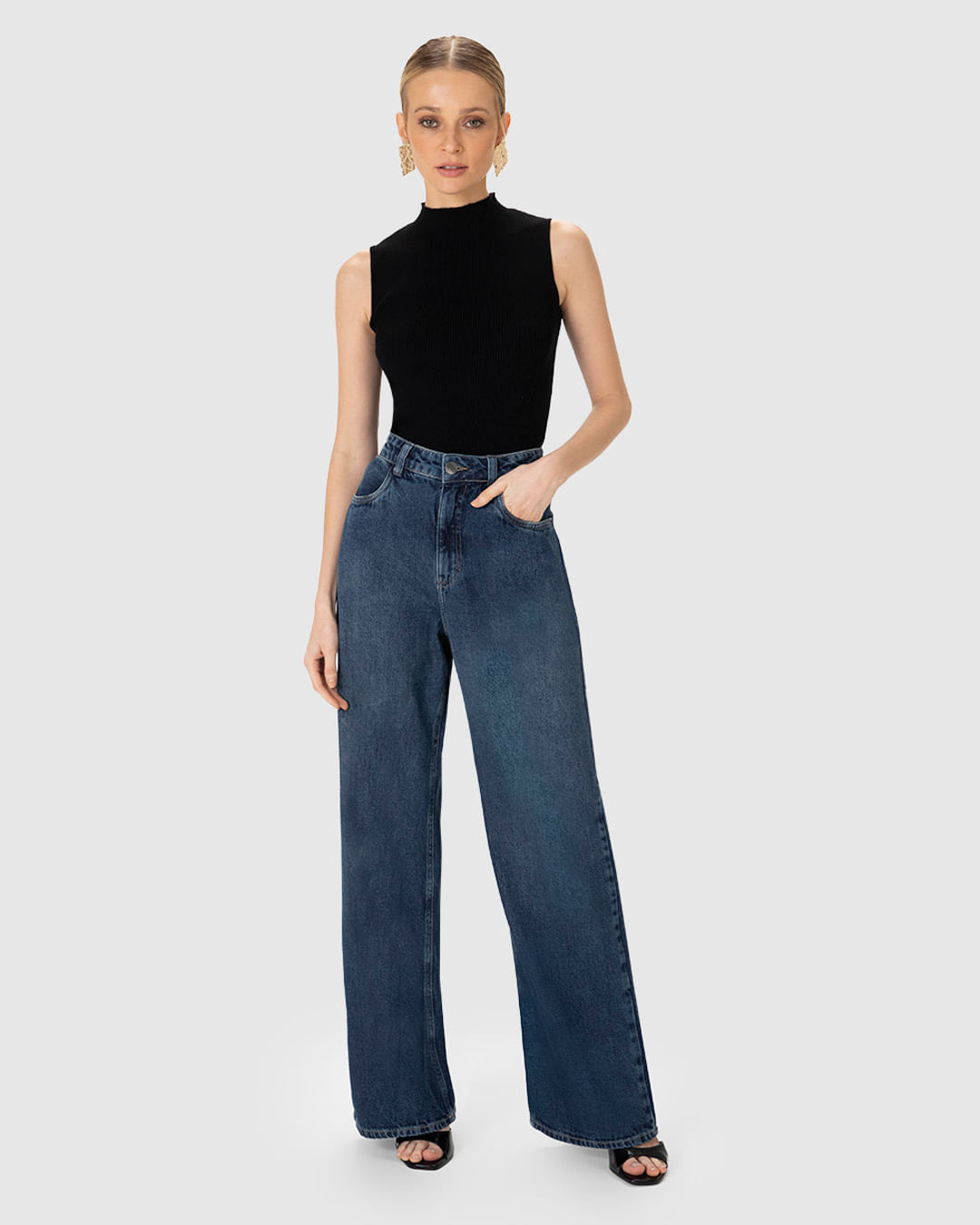 Calça Wide Leg Feminina Cintura Alta Em Jeans 100% Algodão - ENFIM