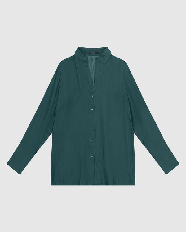 Camisa Ampla Feminina Manga Longa Abotoamento Frontal Em Cetim - ENFIM Verde - G