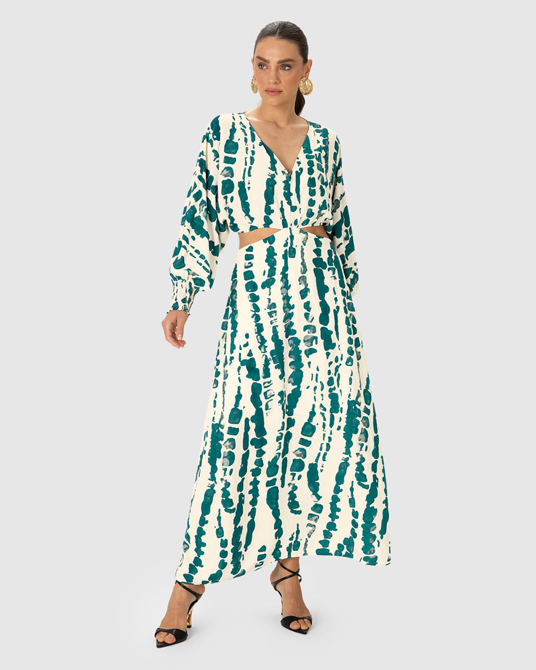 Vestido Midi Feminino Manga Longa Detalhe Recorte Lateral em Viscose - ENFIM