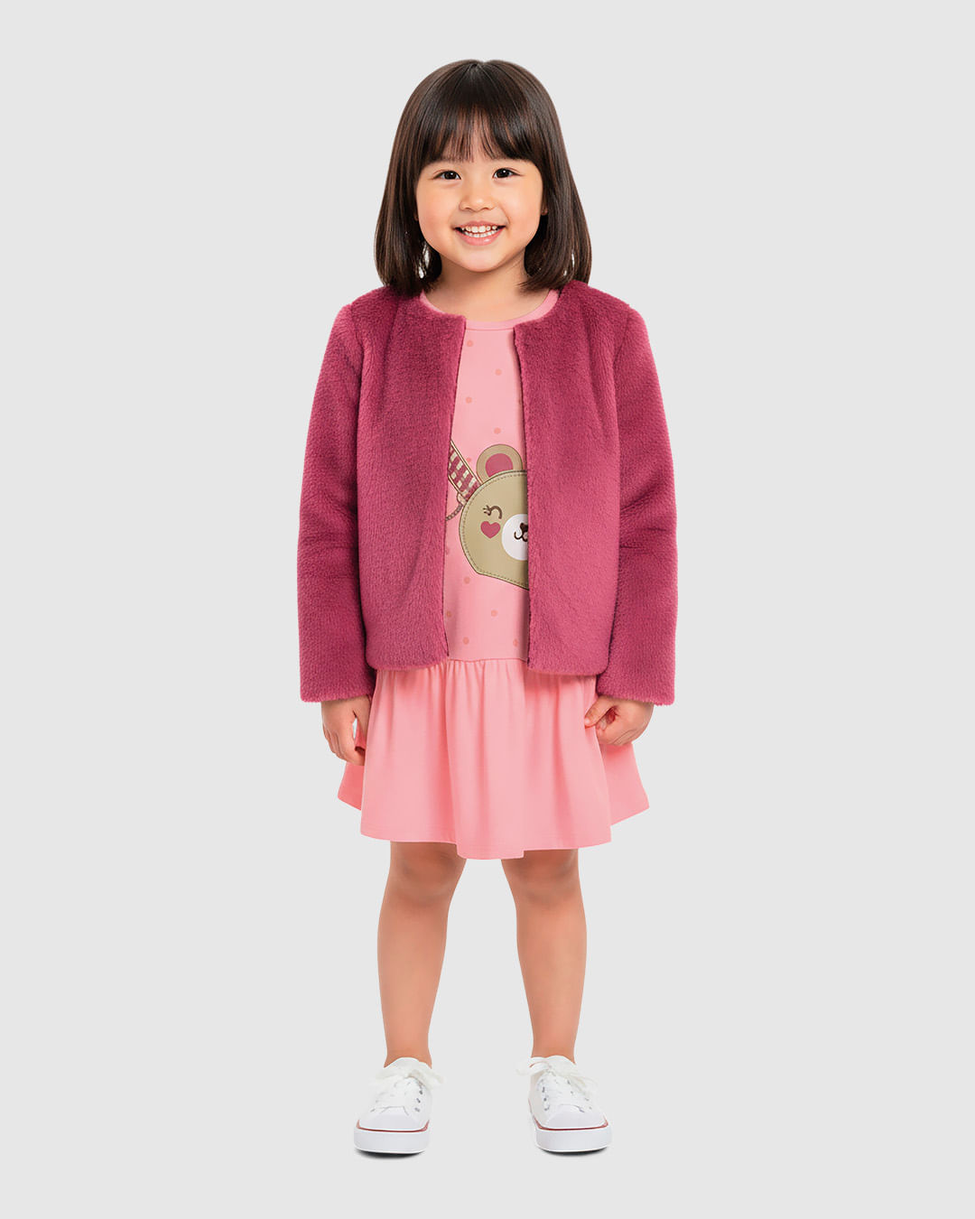 Conjunto Infantil Menina Casaco Pelúcia E Vestido Estampa Ursinho Malwee Kids - Rosa - 4