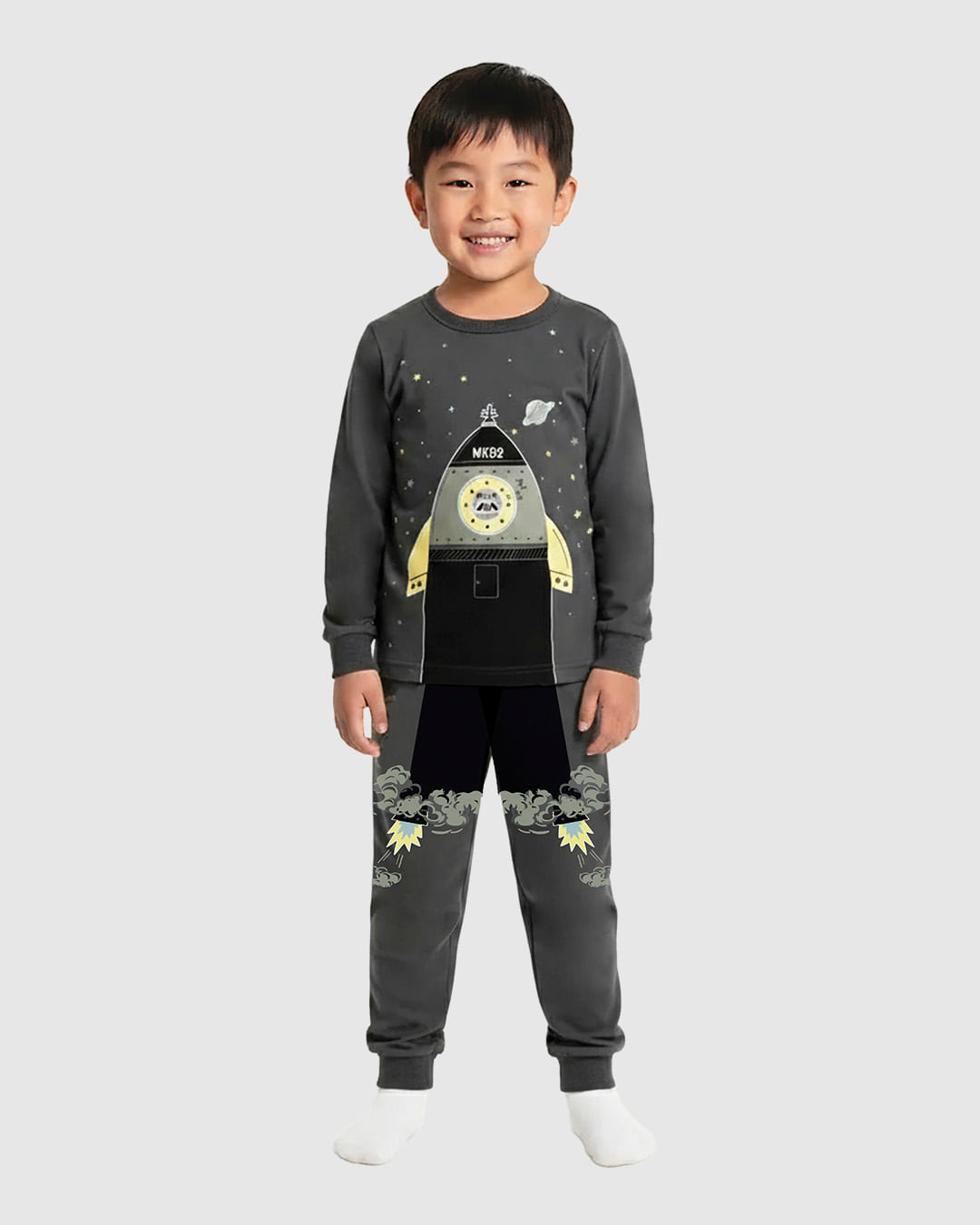 Pijama Infantil Menino Foguete Brilha No Escuro Em Algodão Malwee Kids - Cinza - 1