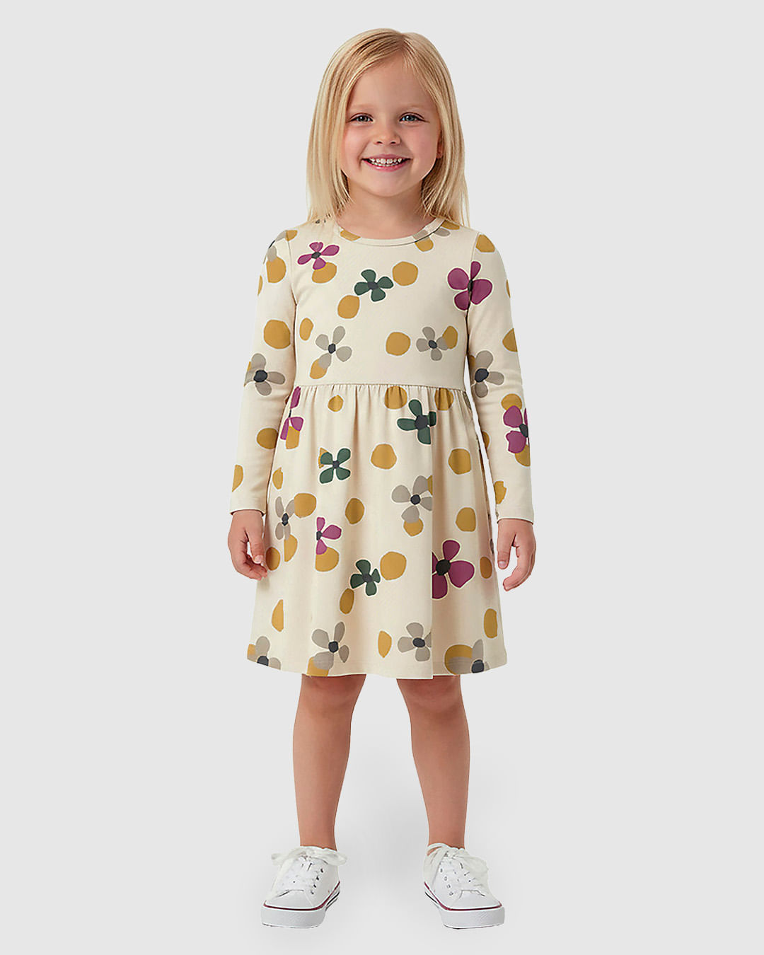 Vestido Infantil Acinturado Manga Longa Em Algodão Malwee Kids
