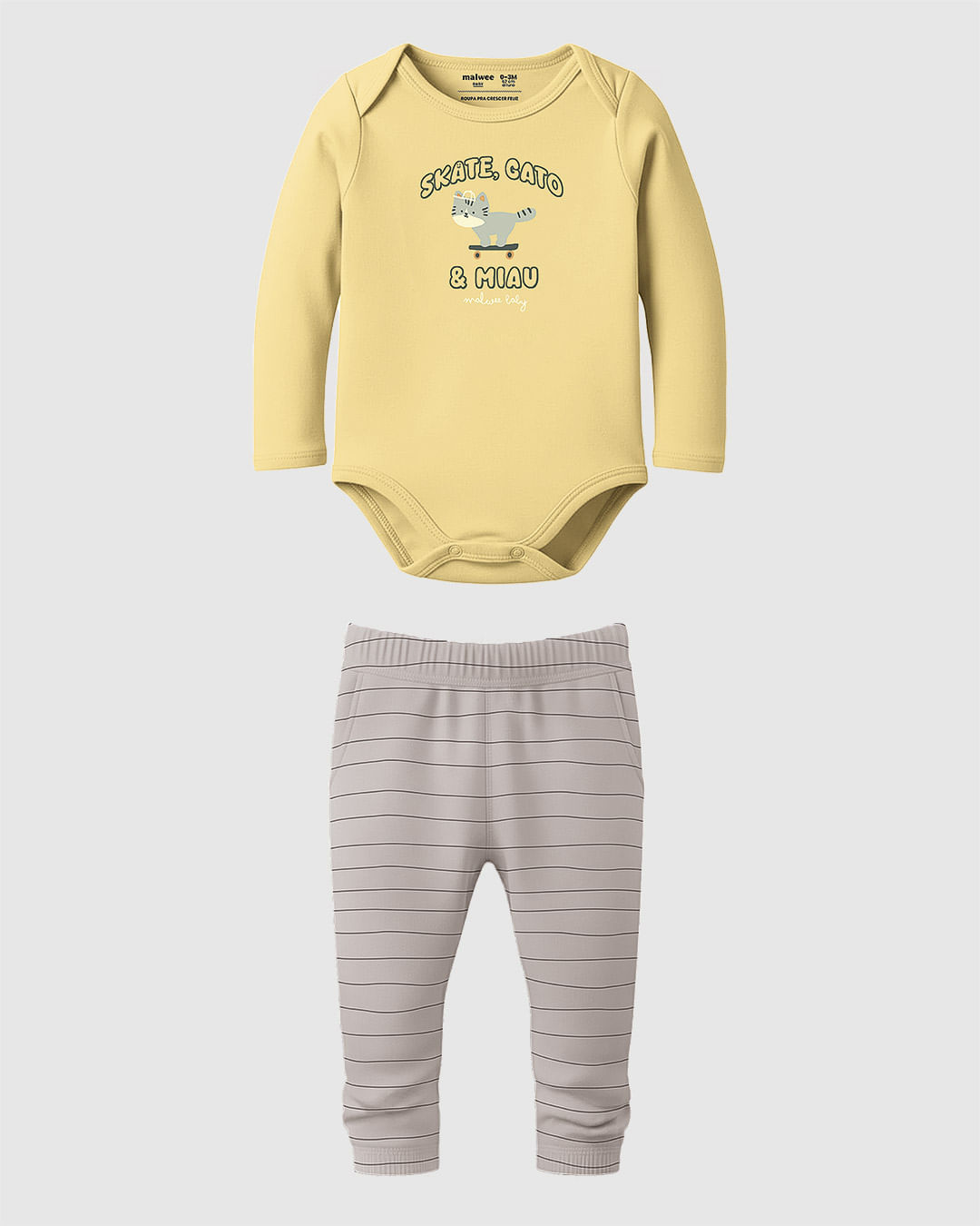 Conjunto Bebê Menino Body Manga Longa Skate, Gato E Miau E Calça Malwee Kids